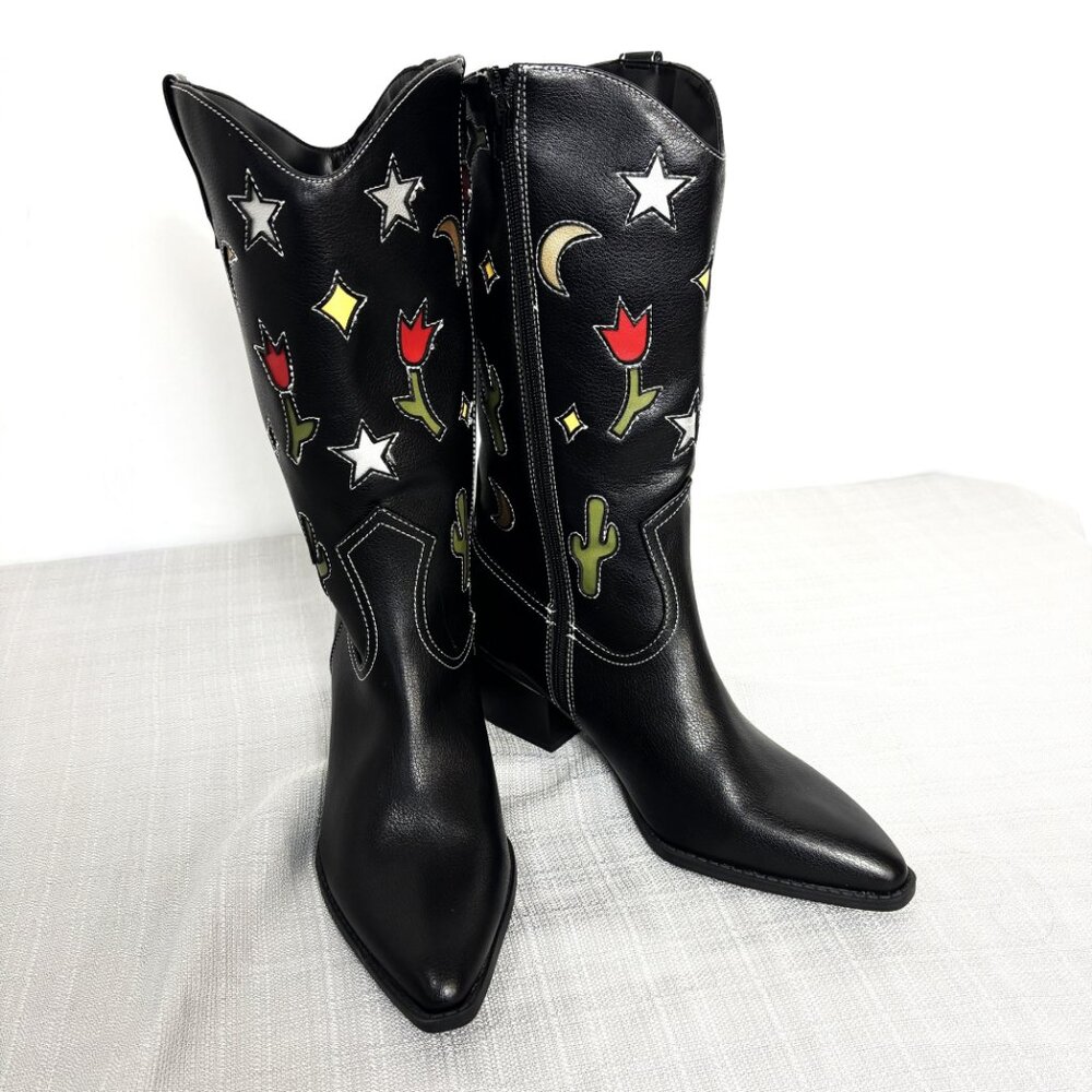 No Boundaries Blk Cowboy Boots w/ western motif cut out Faux Leather Heels NWOT - Picture 5 of 13